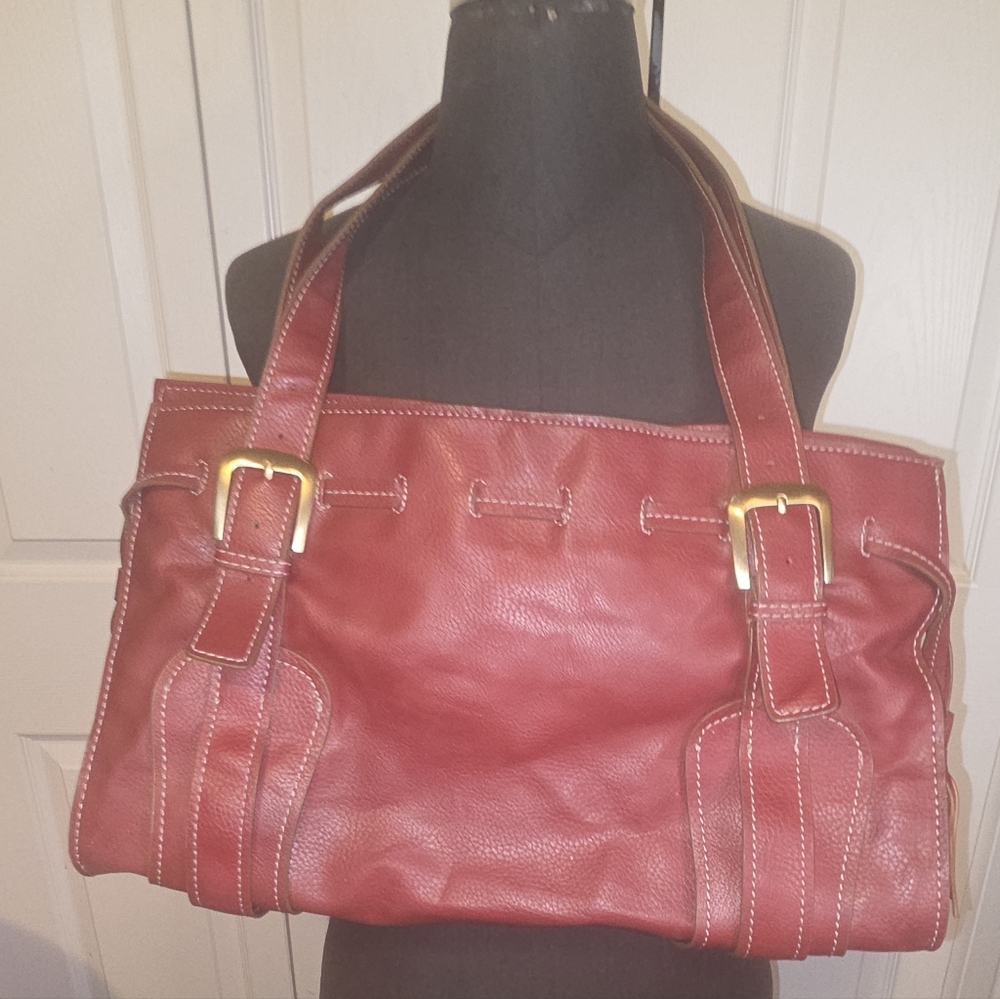 Tommy Hilfiger Red Leather Tote with Gold Buckle Accents